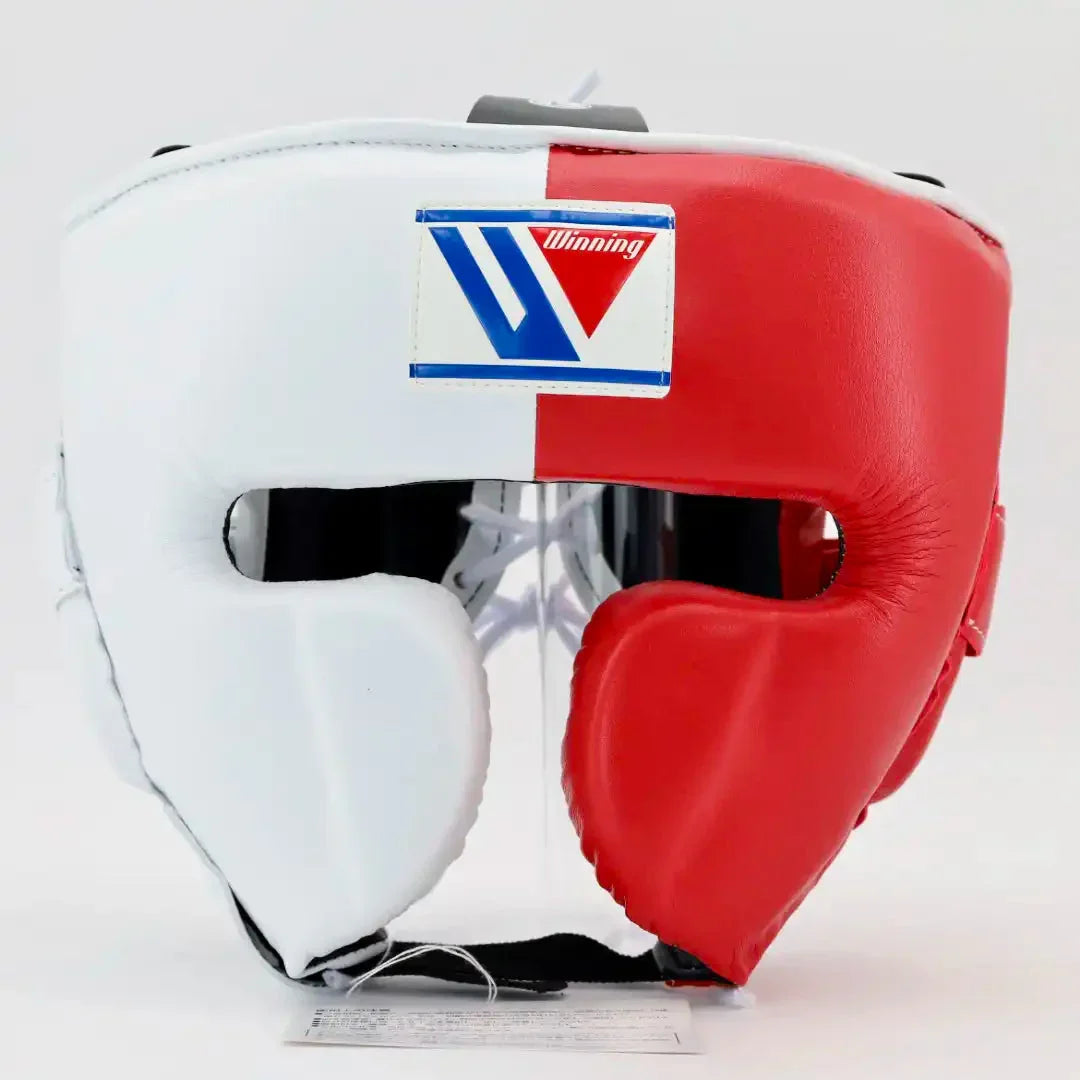 Winning Red & White Headgear with Cheek Protector Front View